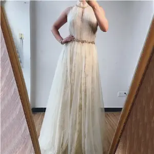 Champagne A-Line Evening Dress 2025 with High Collar, Sleeveless, Diamonds, and Long Length - Ideal for Elegant Occasions