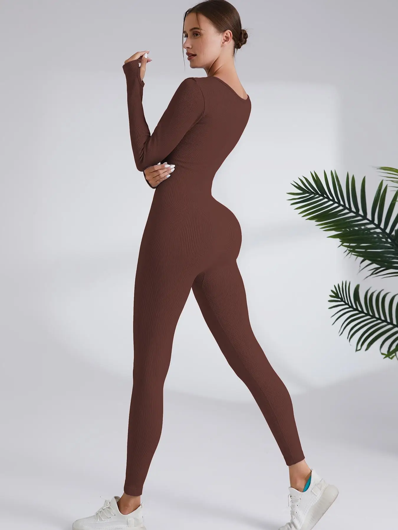 Women's Solid Tummy Control Long Sleeve Sports Jumpsuit, Trendy Sporty One-piece Jumpsuit, Women Sportswear Clothing, Please Purchase One Size Smaller