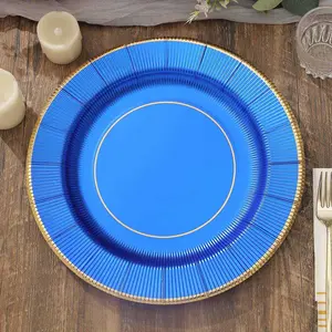 25-Pack Disposable Round Charger Plates 13" Royal Blue Sunray Design with Gold Rim - 350GSM Heavy Duty Paper Placemats