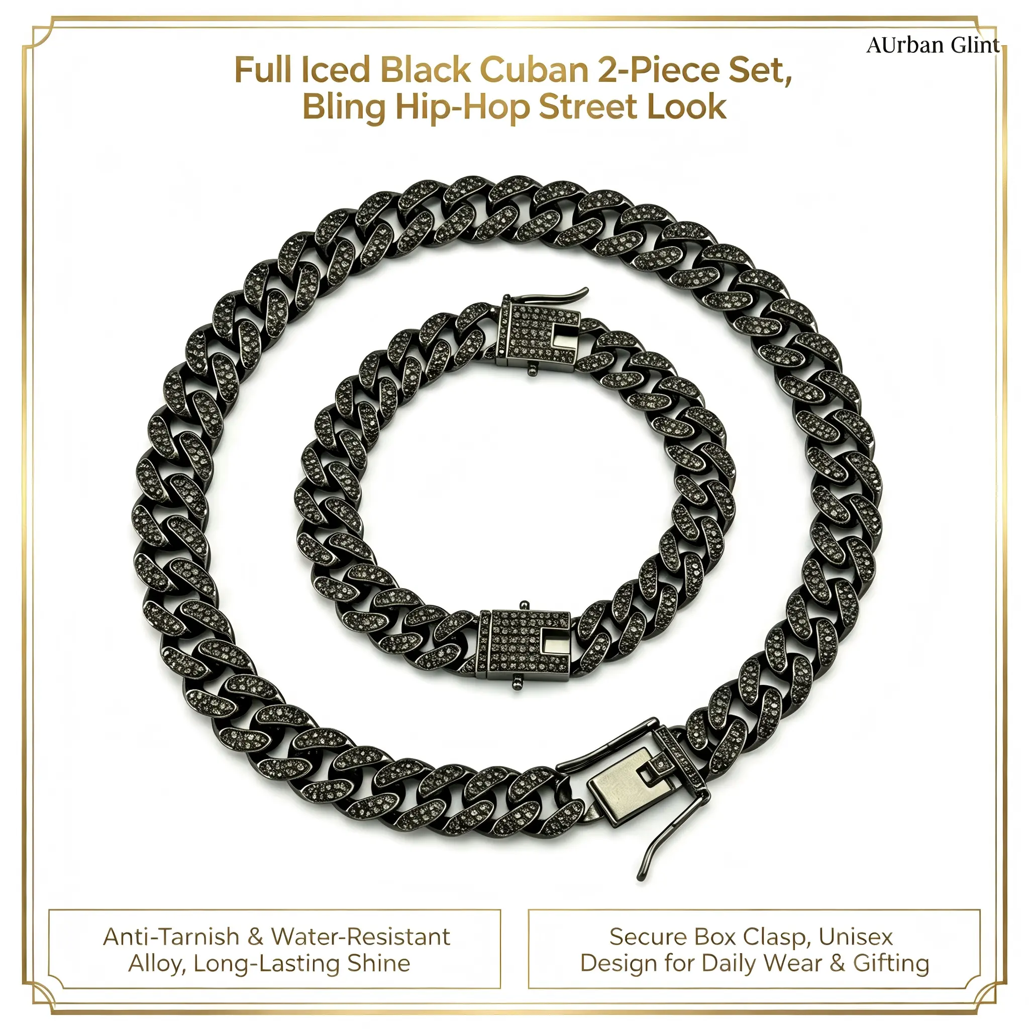 2pcs Men'S Black Cuban Link Chain Necklace and Bracelet Set, Hip Hop Street Style Zinc Alloy Jewelry, with Rhinestone Detailing, for Boyfriend, Son, Dad