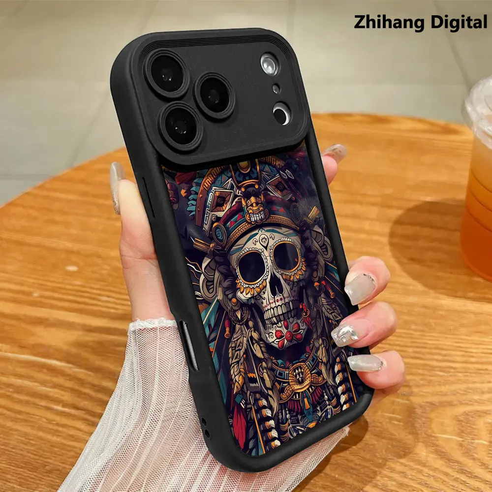 Premium Indian-Inspired Skull Pattern Silicone iPhone Case - Customized Protection Casing for iPhone 17 Pro Max,16 Plus,15,14,13,12,11 Series, Glam, Sleek, Durable, Shockproof, Lightweight Mobile Phone Accessories, Fashion Gift