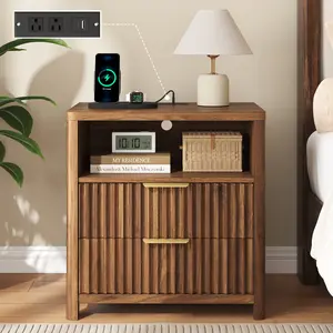 TryLazy Mid-Century Modern Nightstand with Charging Station, 2 Drawers and USB Ports & Outlets - Apartment Furniture