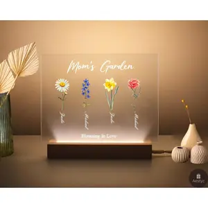 Custom Birth Flowers Plaque with Names Mom's Garden for Mother's Day Personalized Grandma's Garden Family Birth Month Flowers Father's Day Christmas Gifts Acrylic Wooden Night Light Home Decor