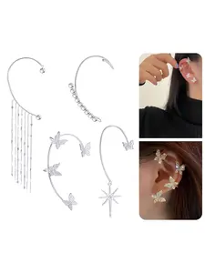 4Pcs Butterfly Long Tassel Ear Cuff Dangle Chain Earrings Wrap Crawler CZ Ear Clip Wrap Around Fake Earrings for Women Silver Gold Tone Right Ear