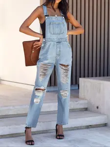 Women's Loose-Fit Denim Overalls, Casual Washed Distressed Harem Pants, All-Season Wearable for Daily & Dates