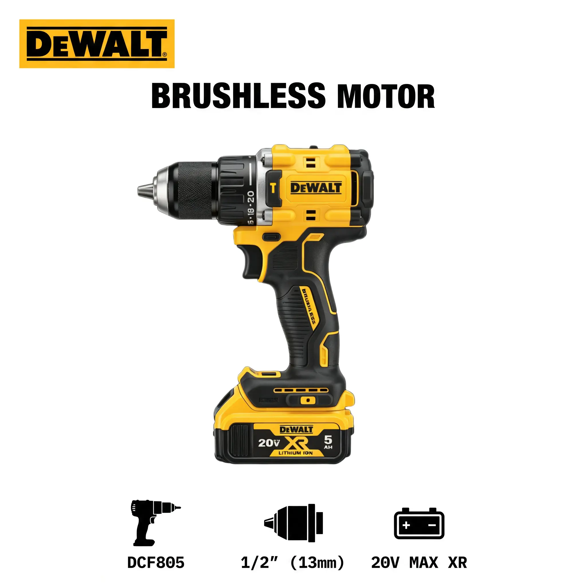 DEWALT DCF805 20V MAX Brushless Cordless Hammer Drill, 1/2 Inch Keyless Chuck, 2-Speed Combi Drill Driver for Wood, Metal, Masonry & Home Improvement