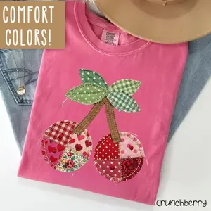 Comfort Colors Cherry Printed T-Shirt, Patchwork Quilted Farmhouse Cherry Tee, Rustic Gingham Floral Cottagecore Aesthetic, Vintage Print Shirt, Mama Gift
