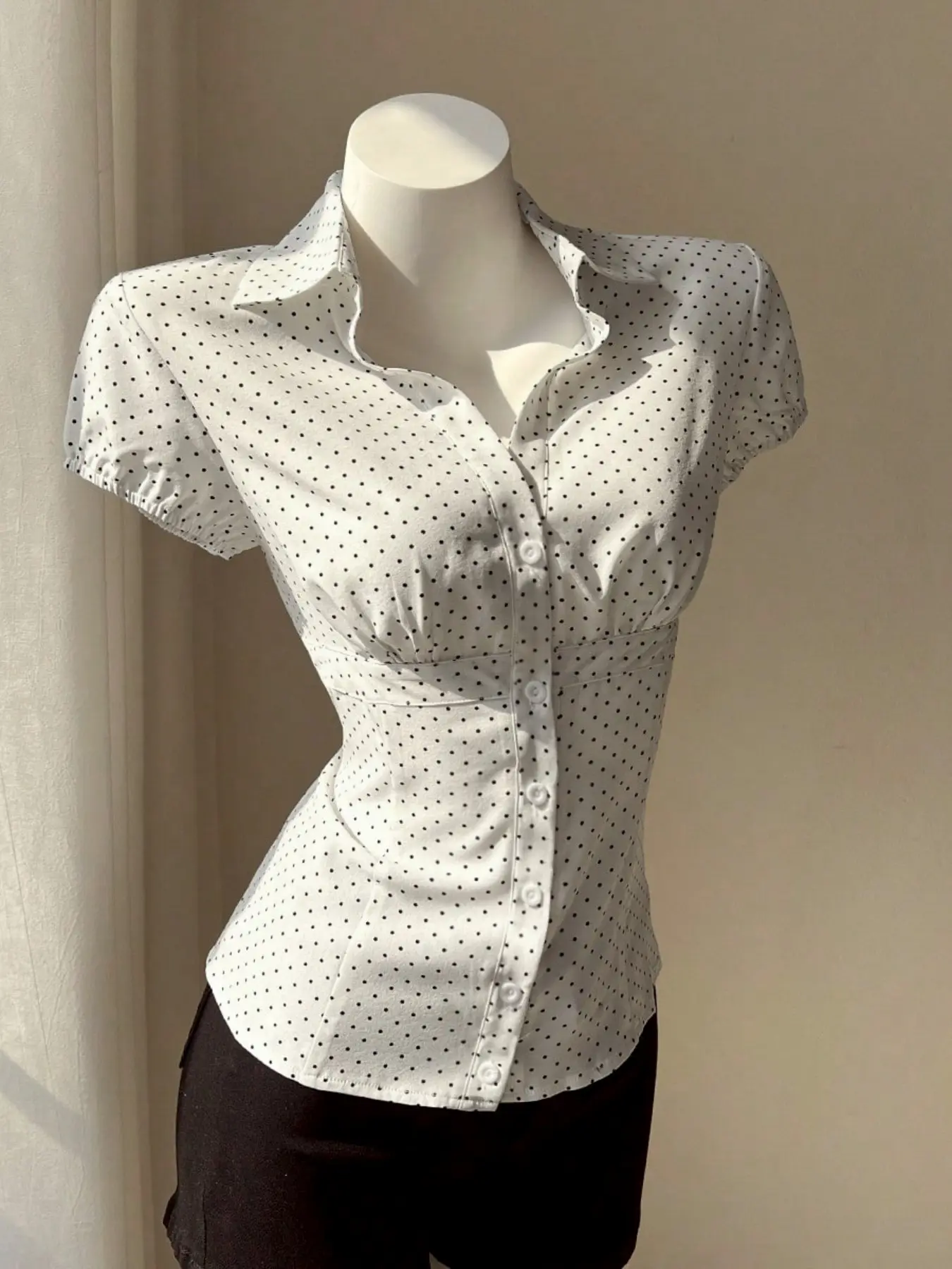 Fashion Polka Dot Print Notch Lapel Slim Fit Summer Women's Blouses Shirt, Stylish, Casual and Comfortable Design, Perfect for Daily Wear