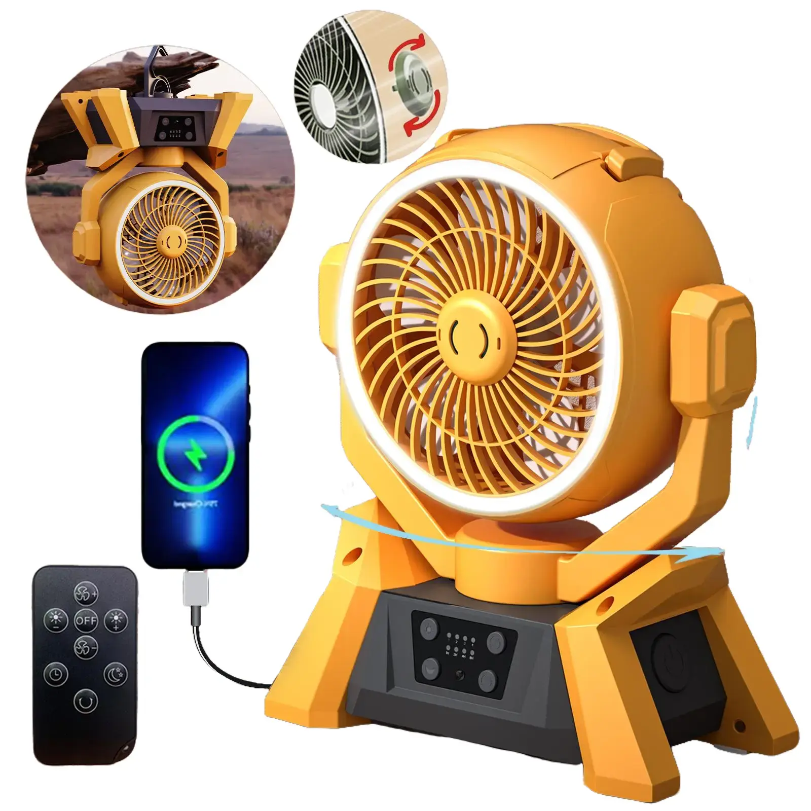 20000mAh Rechargeable Personal Fan with LED Light Portable Adjustable Fans for Camping 360° Rotating Hook Oscillating Emergency Household Appliance Multifunctional Fan with Power Bank Function