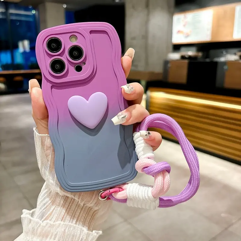 Gradient 3D Heart Phone Case with Heart Chain Wrist Strap, Shockproof Protective Cover for iPhone 15, 14, 13, 12, 11 Pro Max Plus, Accessories, Silicone, With Strap, Protector, Cellphone
