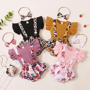 Newborn Baby Girl Outfit Fly Sleeve Ripped Tops Floral Suspender Skirt Shorts Headband Infant Cute Summer Clothes Set