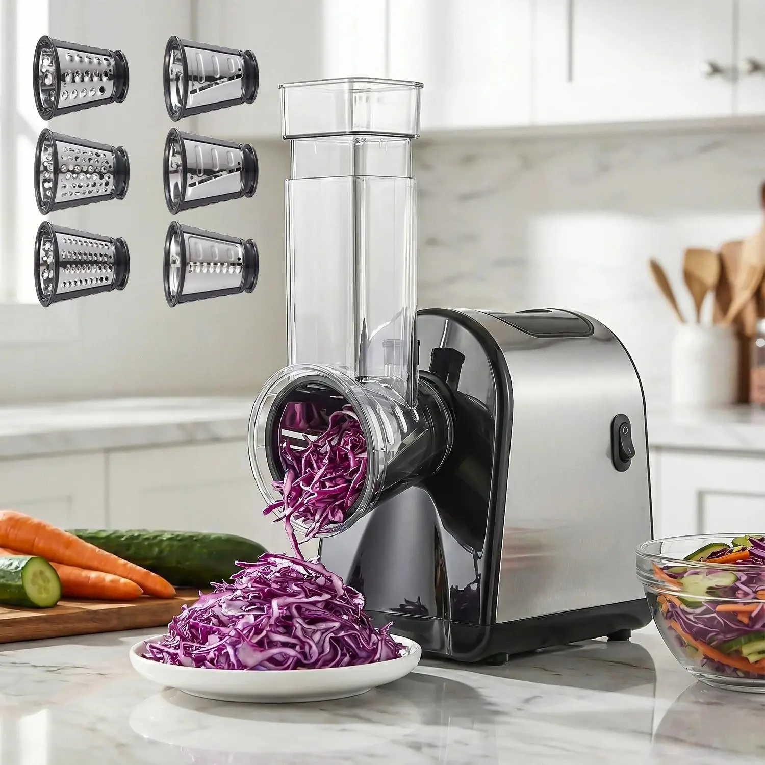 Stainless Steel Multi-Blade Electric Grater with Grain Mill, Efficient Quick-Meal Prep Tool for Home Chefs
