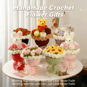 Pink Handmade Crochet Bouquet Flowers - Decorative Combed Cotton Cute Cartoon Finished Handheld Home Decor, Mother’s Day Gift Ideas for Mom