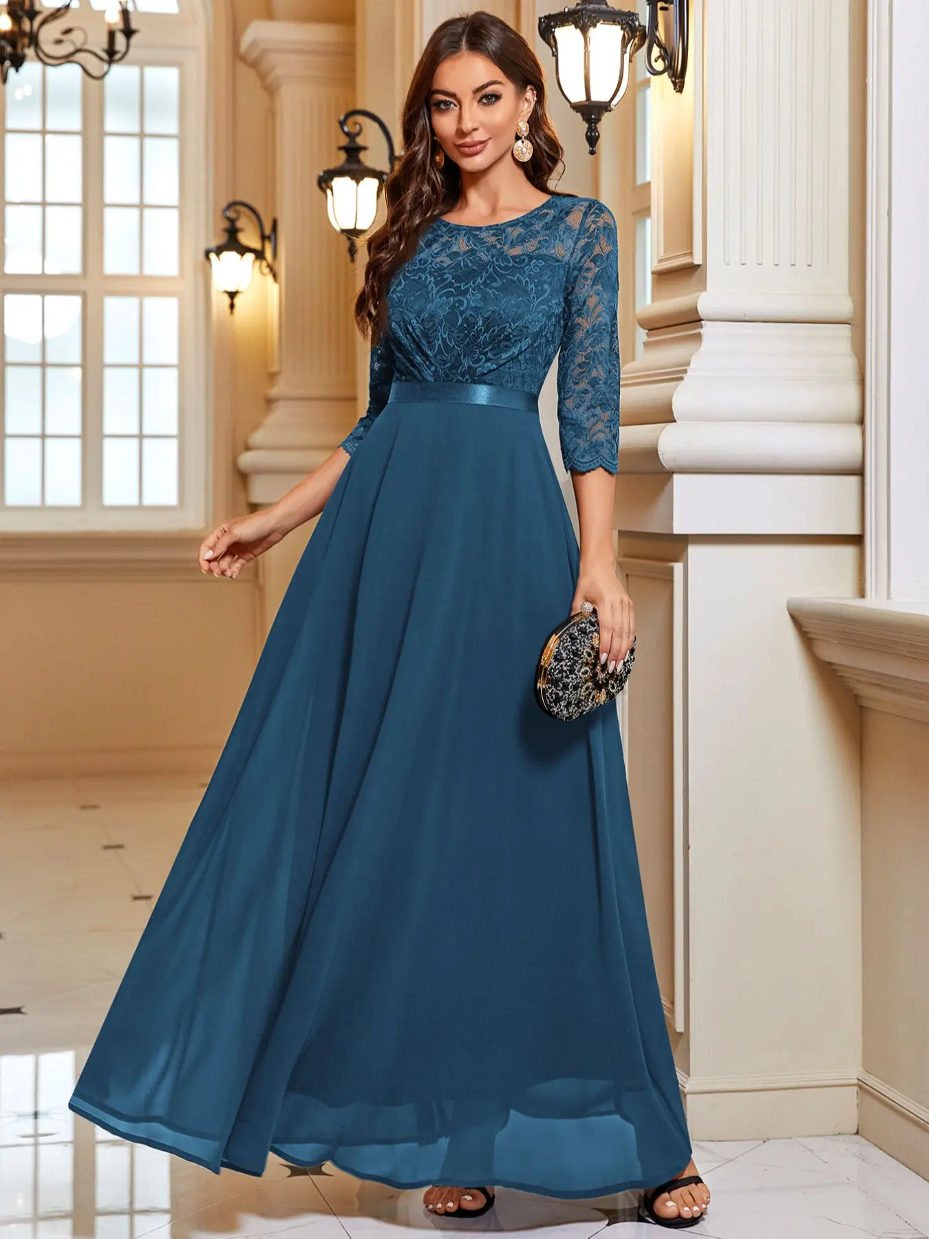 MIUSOL 83047 Elegant Classy Floral Lace Round Neck Chiffon Maxi Formal Women Cocktail Party Dress, Prom Evening Gown, For Wedding Guest, Graduation, Dinner, Random Pattern