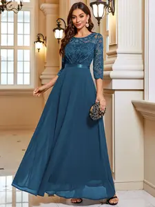 MIUSOL 83047 Elegant Floral Lace Round Neck Chiffon Maxi Formal Party Dress, Prom Evening Gown, For Wedding Guest, Graduation, Dinner, Random Pattern
