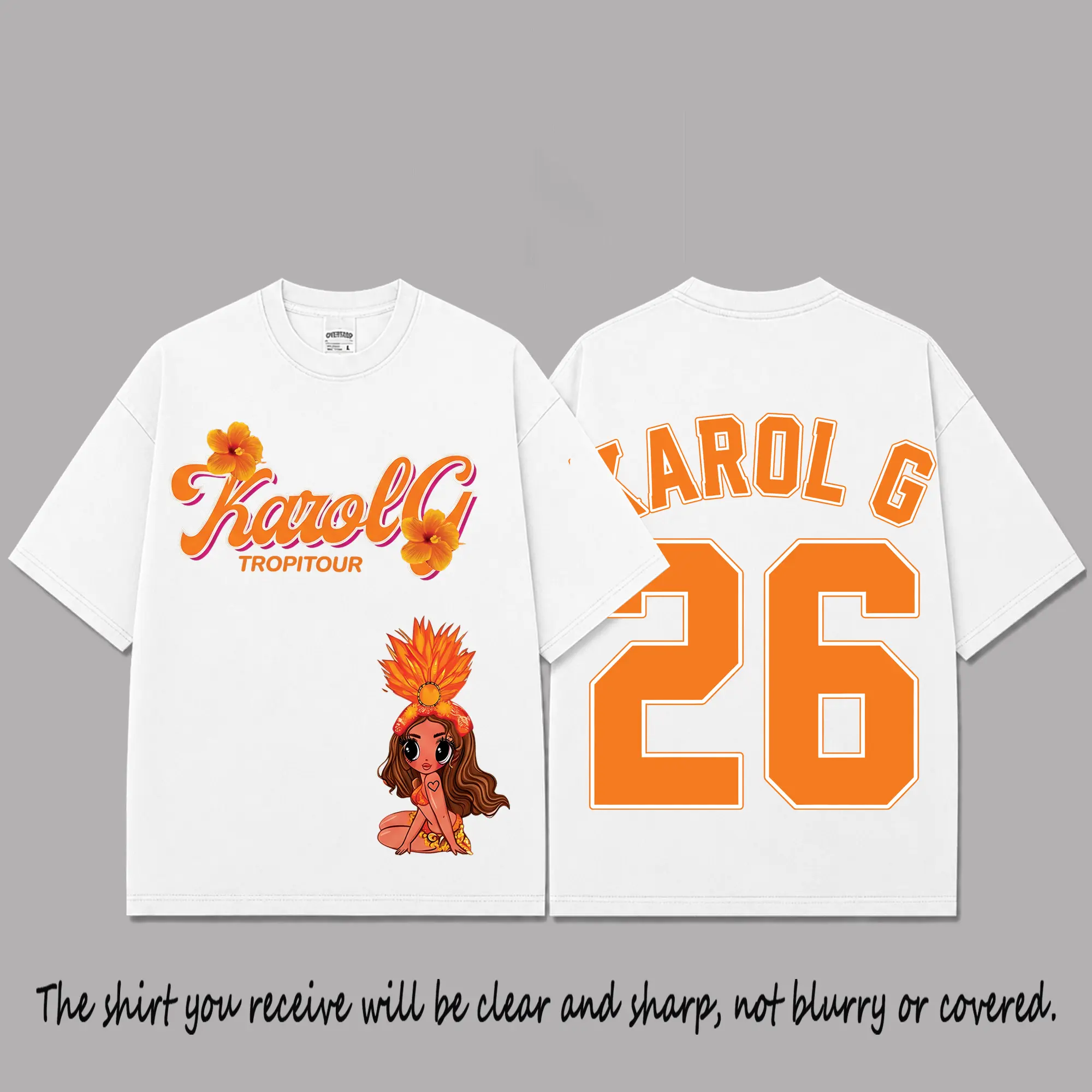 Tropitour 2026 Graphic Premium Cotton T-Shirt, La Bichota Latin Pop Fan Tee, Tropical Flower Chibi Concert Shirt, Orange Jersey Style Music Merch, White Oversized Streetwear Gift