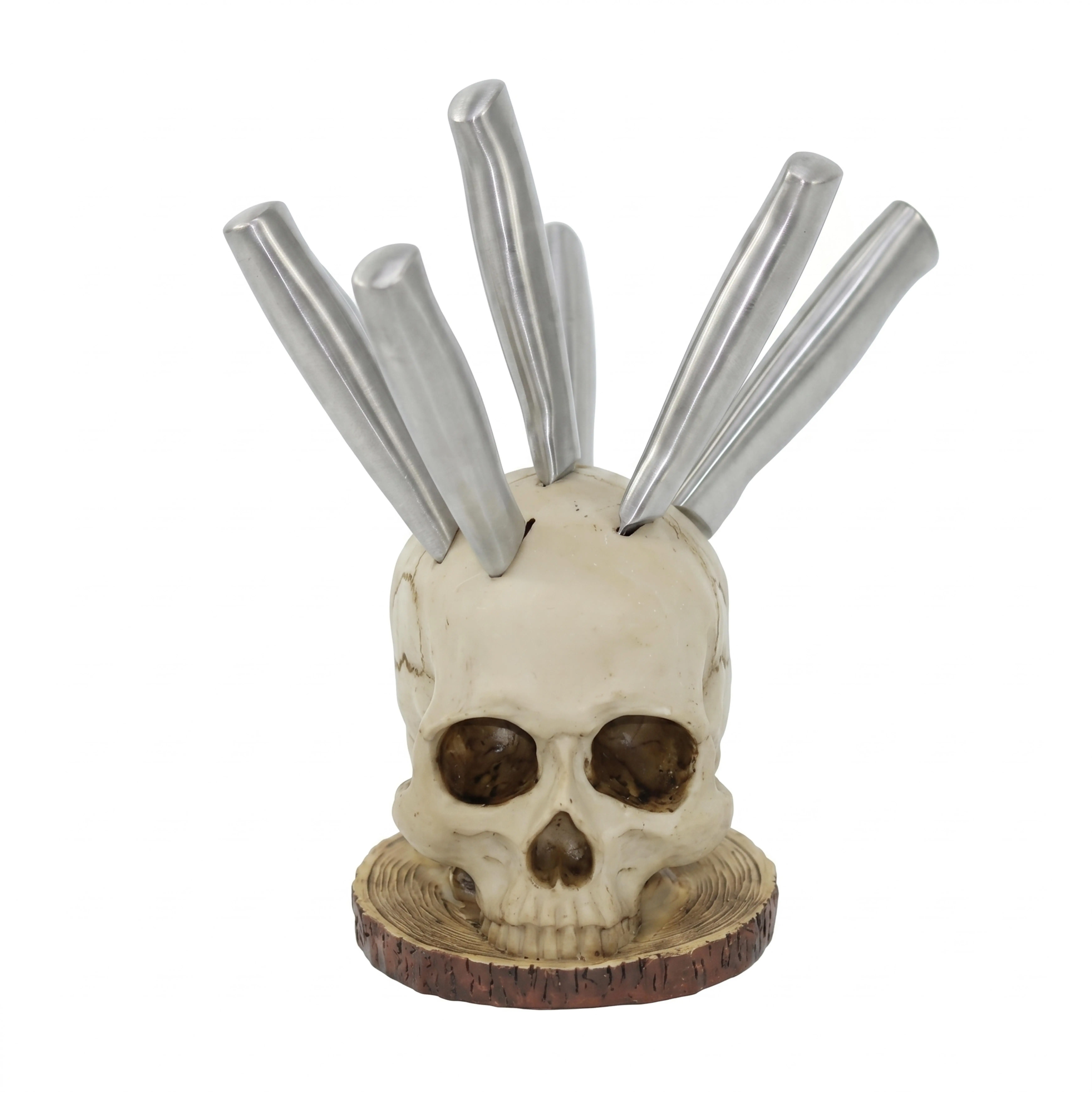 Wooden Skull Shape Kitchenware Organizer - 5.9in Tabletop Storage Knife Holder with Steak Slot, Dark Aesthetic Gothic Witchcore Decor, Halloween Accent (No Knives Included), Decorations