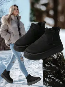 Women's Ankle Boots, Fleece Lining, Thick Warm Boots, Slip-On, Elastic, Platform, Snow Boots, Suede, Short Tube, Round Toe, Simple, Durable, Non-Slip, Plus Size, Autumn/Winter