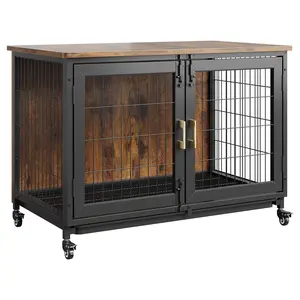 GARVEE Dog Cage Furniture, 95x55.9x65 cm, Dog Box for Home, Wooden Dog Box Pet Cage with 2 Doors, 4 Wheels & Bottom Tray, Indoor Outdoor Dog House, Dog Cage for Home, Small/Medium/Large Dogs