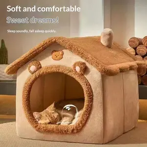 Elevated Pet Couch Bed, Wooden Cat and Small Dog Sofa, Removable Washable Fluffy Cover Raised, Kitty Cat house-shaped pet bed, suitable for winter warmth, for small dogs, rabbits, and cats; all-season use, removable and washable pet bed/cushion/cat bed.
