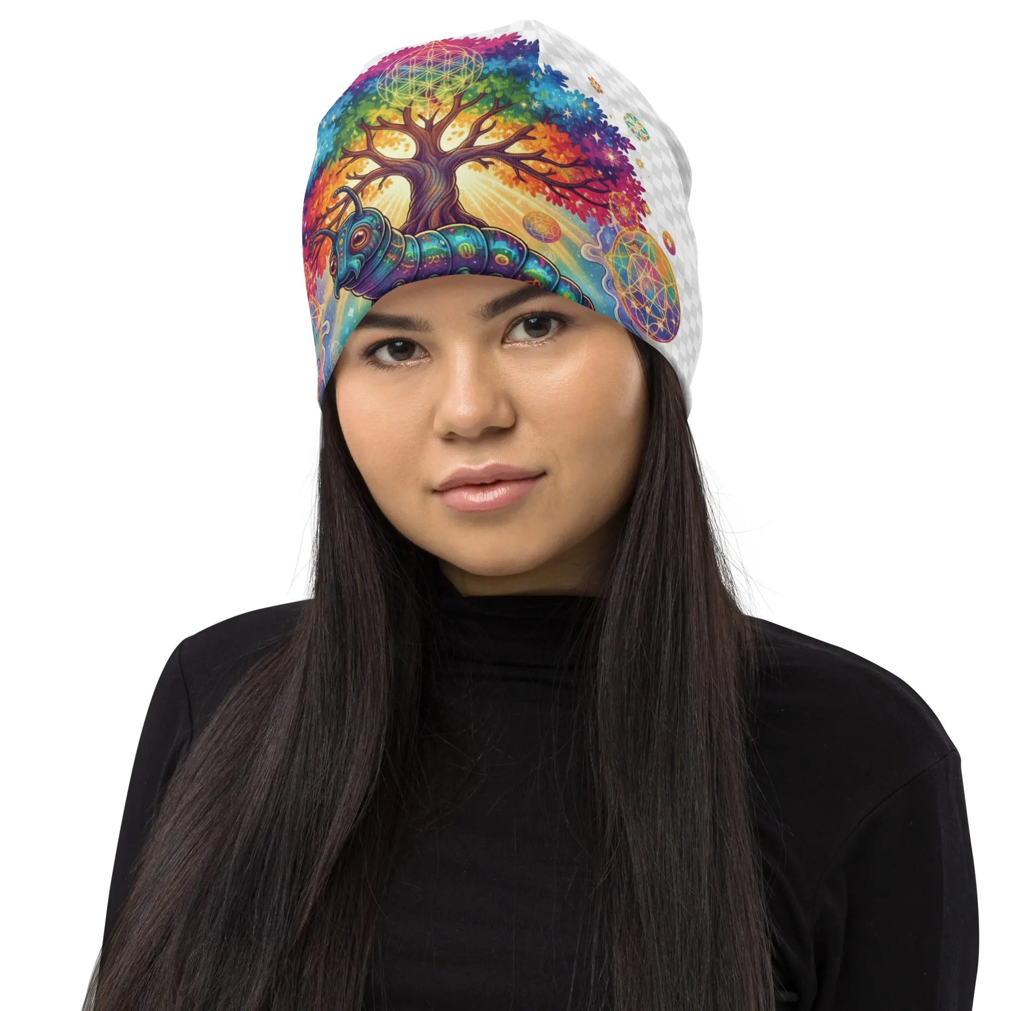 All-Over Print Graphic Beanie with Transformation, 360° Celebration, Lit Artwork - Ideal for Chilly Festival Mornings, Meditation Walks