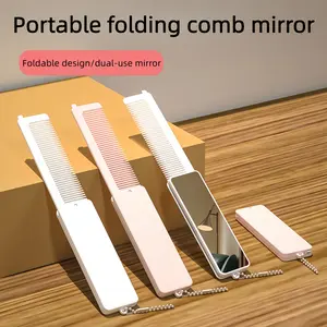 Portable Folding Two-in-One Comb and Mirror with Detachable Chain Lightweight Travel-Friendly Compact Design for All Hairstyles Detangling Pink