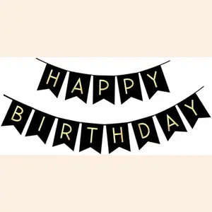 Black Happy Birthday Bunting Banner with Shiny Gold Letters Party Supplies
