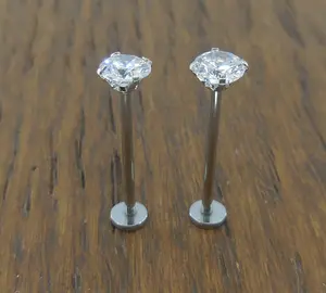 Cheek Piercings Pair Dimple Maker Prong Set 5mm Clear Crystal CZ 16G 14mm, 16mm, 19mm Surgical Stainless Steel Internally Threaded Rings