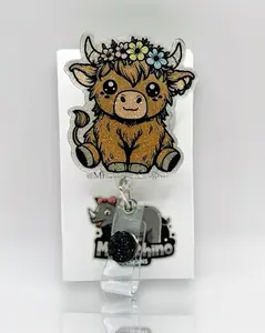 Highland Cow with flower crown Handmade Badge Reel