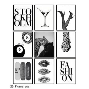 9-piece set, stylish black-and-white artistic wall art posters featuring trendy leopard print, Stockholm, cocktails, and the lucky No. 8 ball. Wall decor and vintage-inspired posters perfect for girls' bedrooms, dorm rooms, and apartments. Frameless.