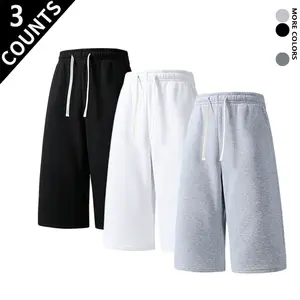 3-Pack Men’s Casual Cotton Sweat Shorts, Elastic Waist with Drawstring, Loose Fit, Multicolor Soft Fleece Loungewear Shorts for Everyday Wear, Plain, 3-Pack: Black + Light Gray + White tiktokshopspringglowup