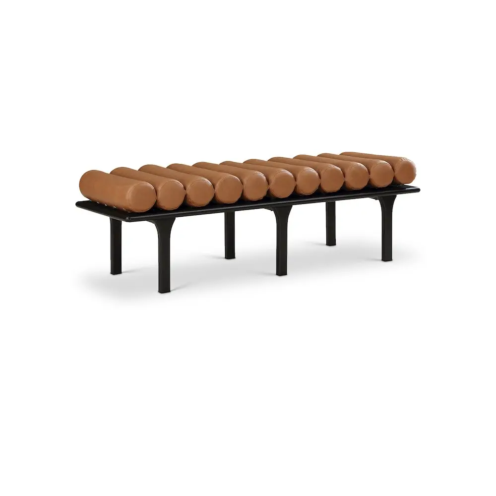 Landon Cognac Vegan Leather Bench, Art-Deco Indoor Furniture with Roll Seat and Solid Oak Base
