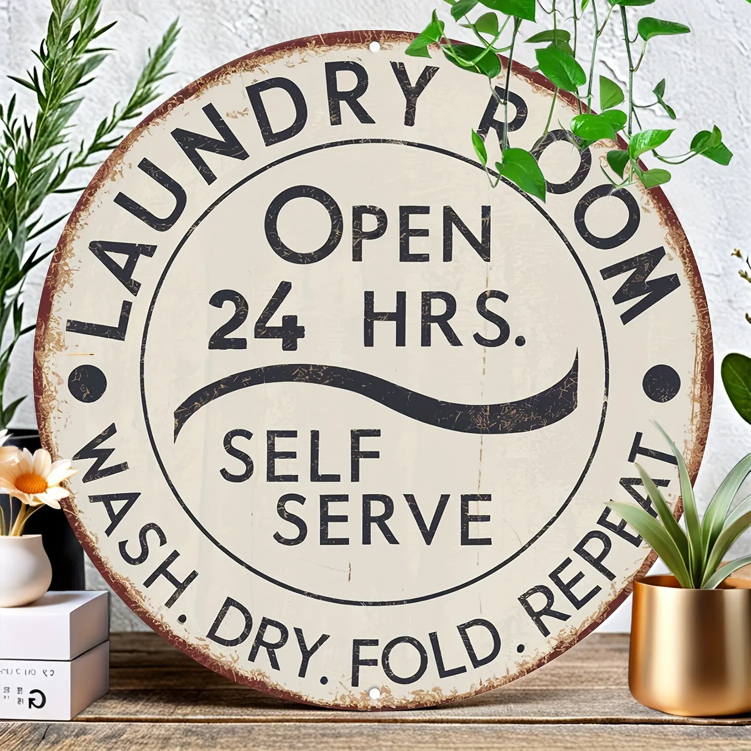 Vintage Rustic 2D Iron Round Metal Wall Sign - "Open 24/7 Self-Service Laundry" Decorative Plaque, Ideal for Laundry Rooms, Garages