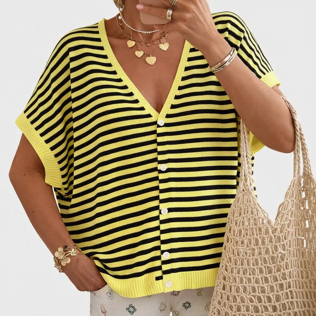 Women's Oversized Baggy Batwing Sleeve Cotton Cardigan - V-Neck Button-Down Lightweight Fall Top, Pair with Leggings, Skirts, Sweater, Stripe