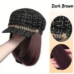 Women's Autumn Winter Berets Hats Wig 10 Inch Hat Wig Shoulder Length Curly Hair With Vintage Octagonal Berets Synthetic Full Wig For Women Daily Wear High Temperature Fiber 35cm Length