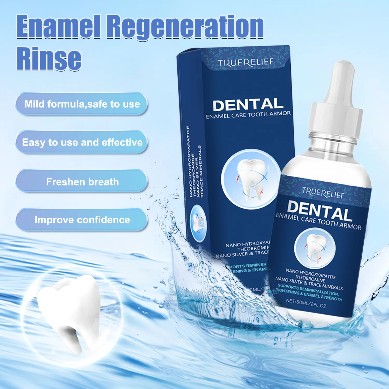 TrueRelief Original Tooth Armor Liquid Brightener - Unscented, Flavorless, Fluoride-Free Nano Hydroxyapatite Enamel Repair, Anti-Cavity, Fresh Brush-Compatible Daily Oral Care (Dental, Nanohydroxy, Hydroxypatite Whitening Formulation), Dental Teeth Whiten