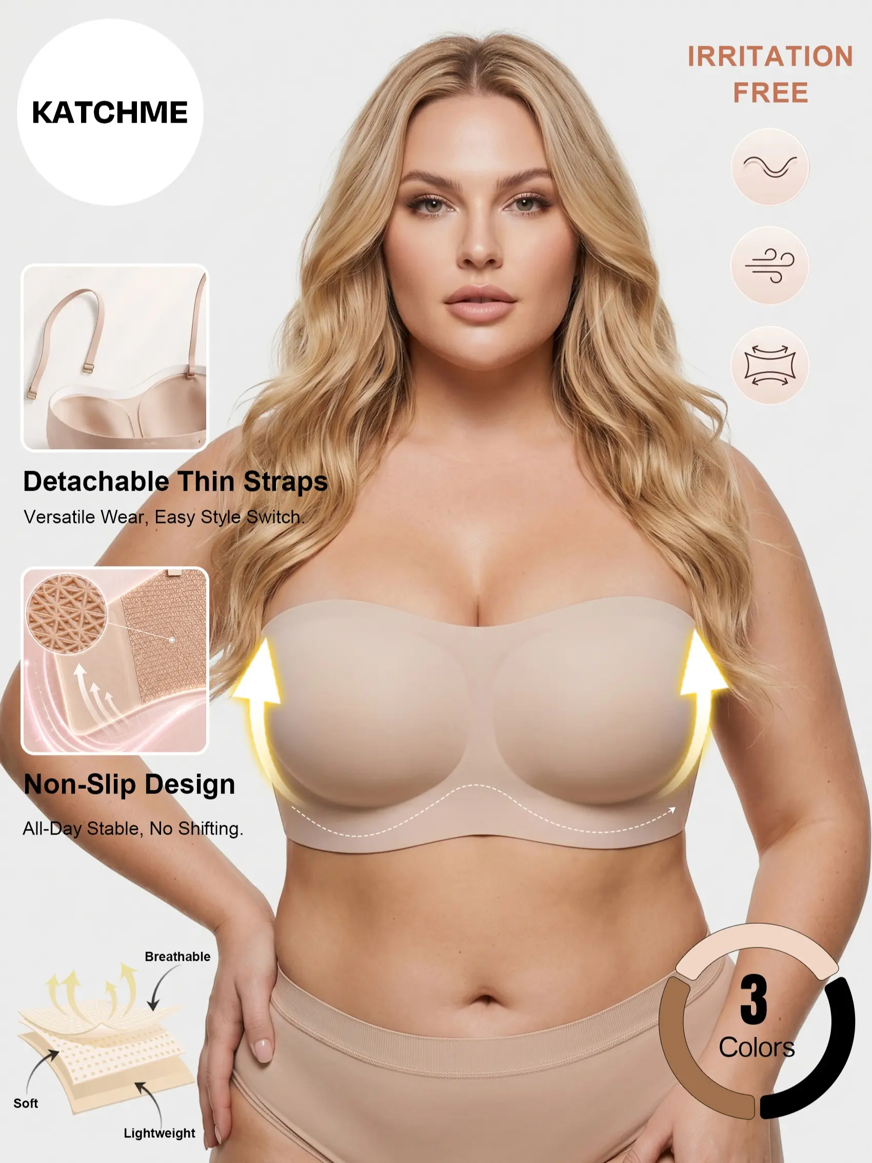 Katch Me Chic Women's Sleek Detachable Strap No Shifting Wirefree Push-Up Bra, Seamless Comfort Non-Slip Lingerie, Solid Color Underwear, Soft & No Irritation for All-Day Wear