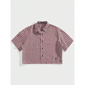 Men Y2K Funny Casual Fit High Street Vintage Style Plaid Cropped Shirts Back To School Halloween