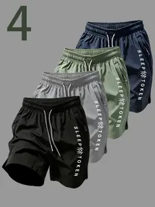 Sleep Token Print Ice Silk Quick-Dry Men's Shorts, 4-Pack, Zip Pockets, Elastic Waist, Sporty, Slim-Fit, All Seasons, Home & Leisure