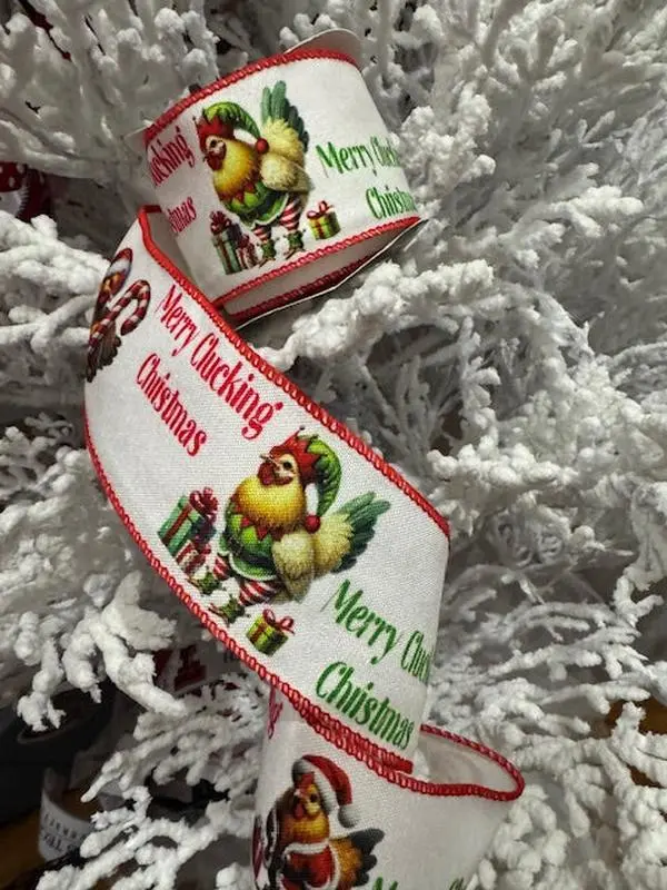 2.5" Wire Edge Ribbon – Chickens in Santa & Elf Suits, “Merry Clucking Christmas” – 10 Yard Roll