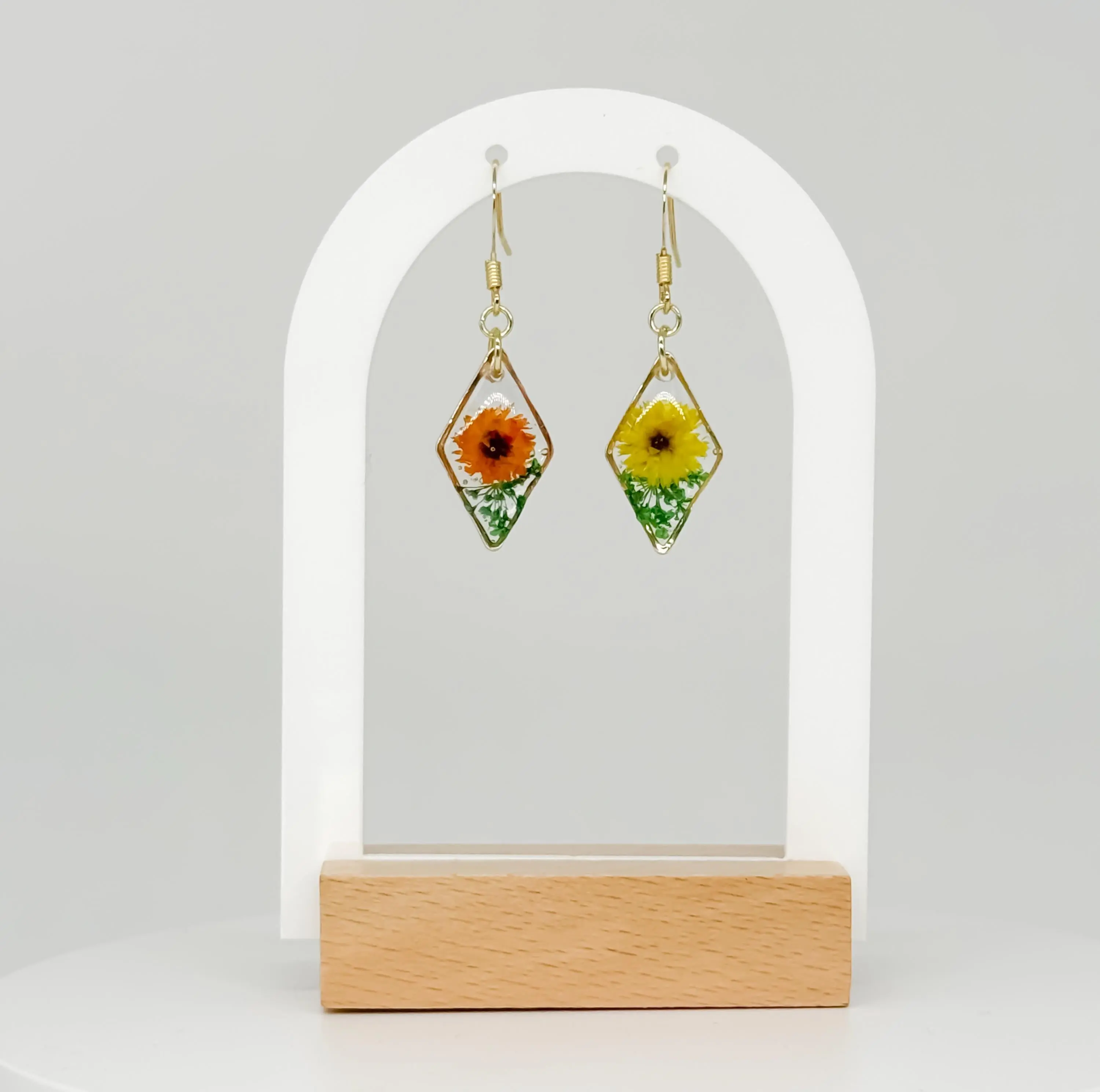 Dual Tone Floral Resin Earrings: Orange & Yellow Flower French Hooks