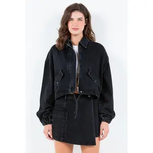 Drawstring Waist Crop Denim Jacket