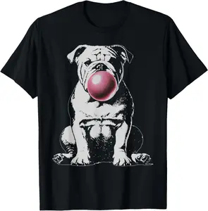100% Cotton Vintage English Bulldog Blowing Bubble Mom Dog Dad Graphic T-Shirt for Men Women