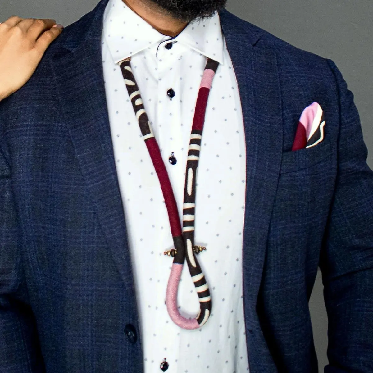 Maroon Pink Plum African and Solid Print Mixed Cord Tie Necklace | Mens African Print Necklace