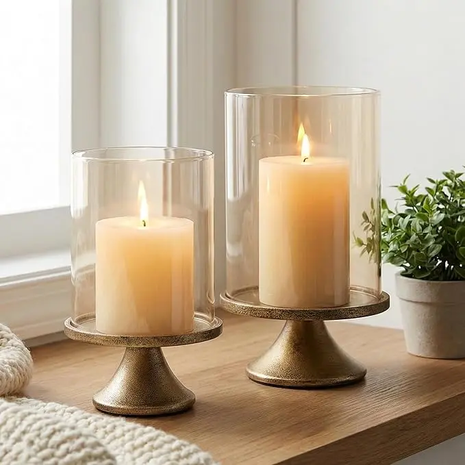Set of 2 vintage candle holders with glass covers and iron bases, elegant decorative candle holders for living room, dining room, and bedroom; suitable for Halloween and Christmas candles; ideal home decor and holiday decoration—a wonderful gift.
