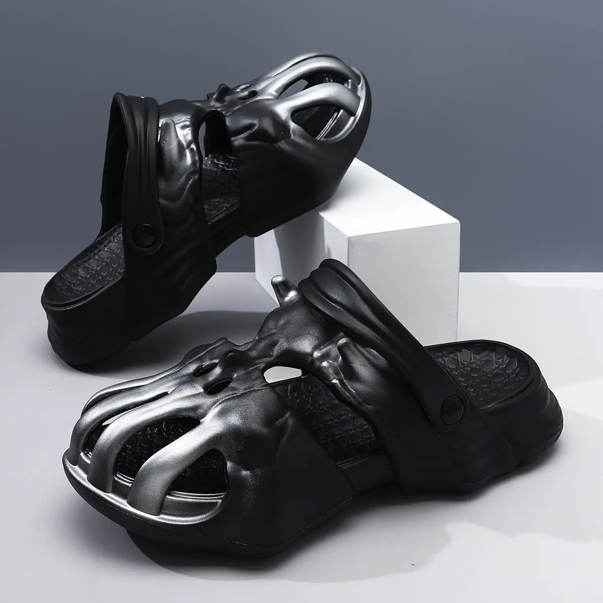 Men's Gothic Skeleton Slides, Black Bone Design Slip On Sandals, Chunky Platform Casual Shoes, Lightweight Comfort Slippers for Beach, Pool, Home, Summer Streetwear
