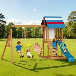 ALBOTT 3 Different Size Wooden Swing Set for Kids, Large Outdoor Wood Playhouse with Towers, Wave Slides, Swings, Climbing Wall & Ladder, Backyard Playground for Ages 3–8, Mothersdaygift