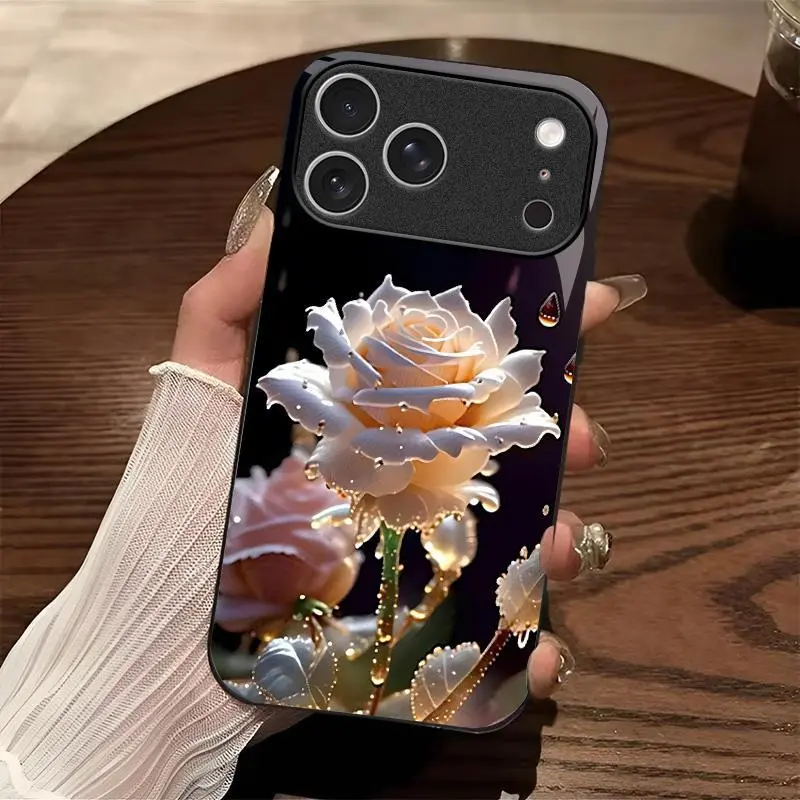 Luxury Rose  Glass Phone Case, Shockproof Floral Cover with Camera Protection, Compatible with 【iPhone 17 Pro Max】666