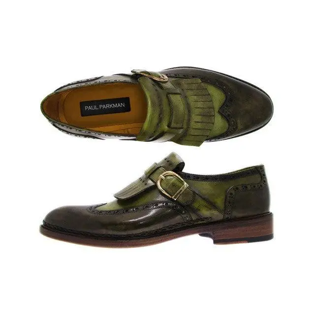 Paul Parkman Wingtip Monkstrap Brogues Green Hand Painted Leather Upper With Double Leather Sole