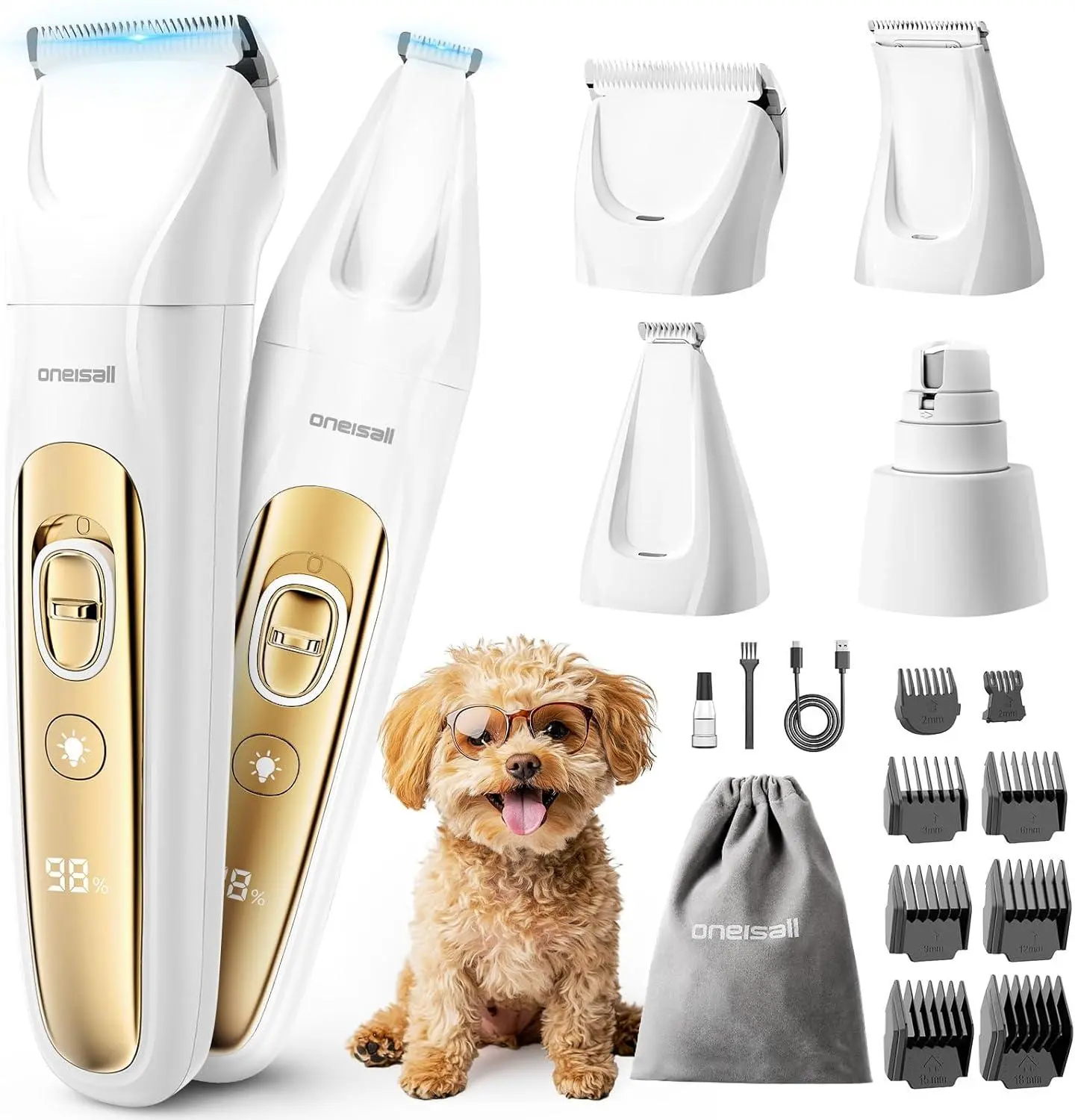 Oneisall Quiet 4-In-1 Dog Grooming Kit with LED Light | Storage Bag, Clippers & Nail Grinder, Cordless, 3.7 Hrs Runtime, LED Display, Safe for Paw, Nail, Face, Ears, Legs, Body oneisall